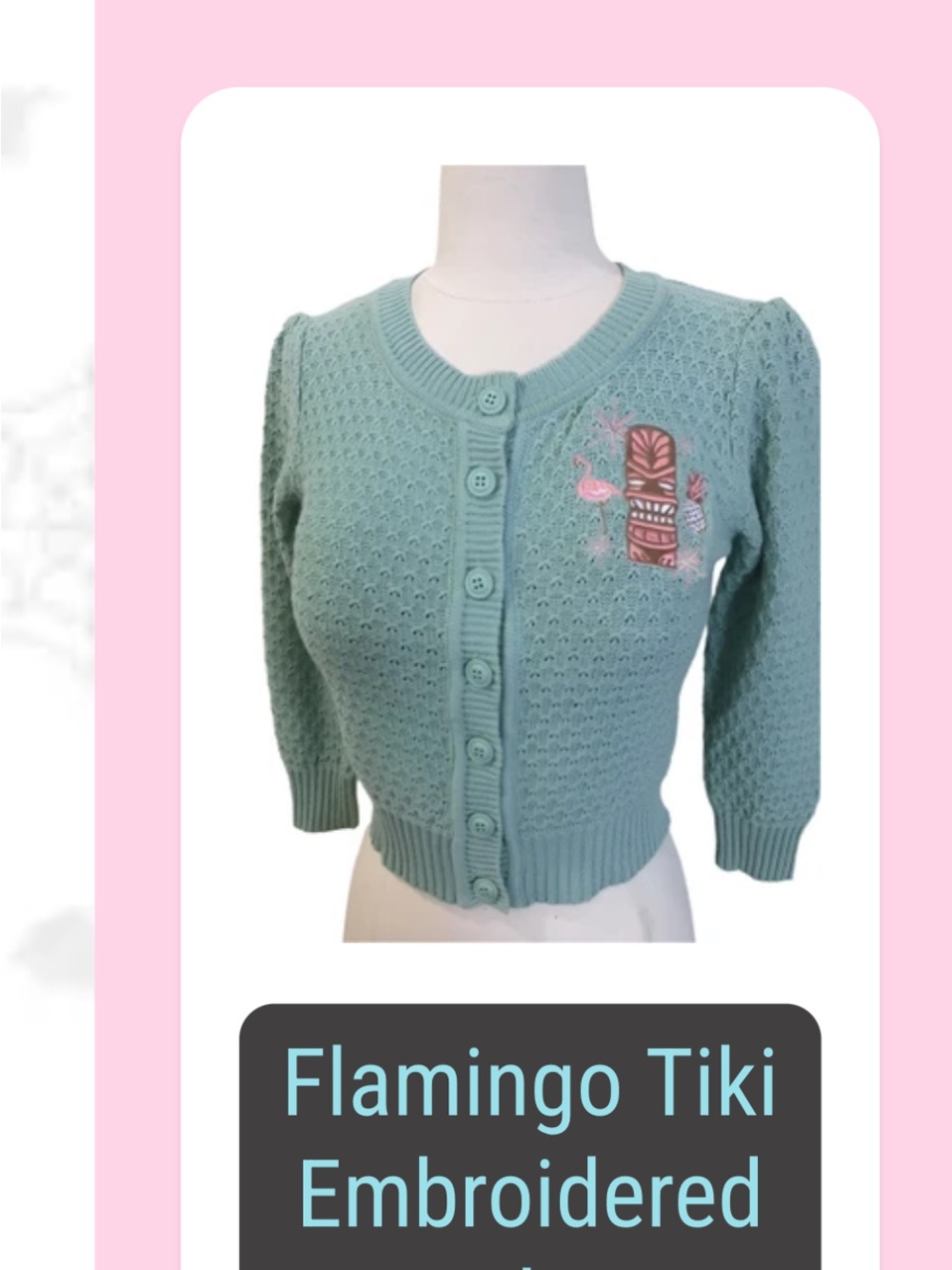 Double Trouble Flamingo Tiki Embroidered Mint Green Women's Cardigan Sweater